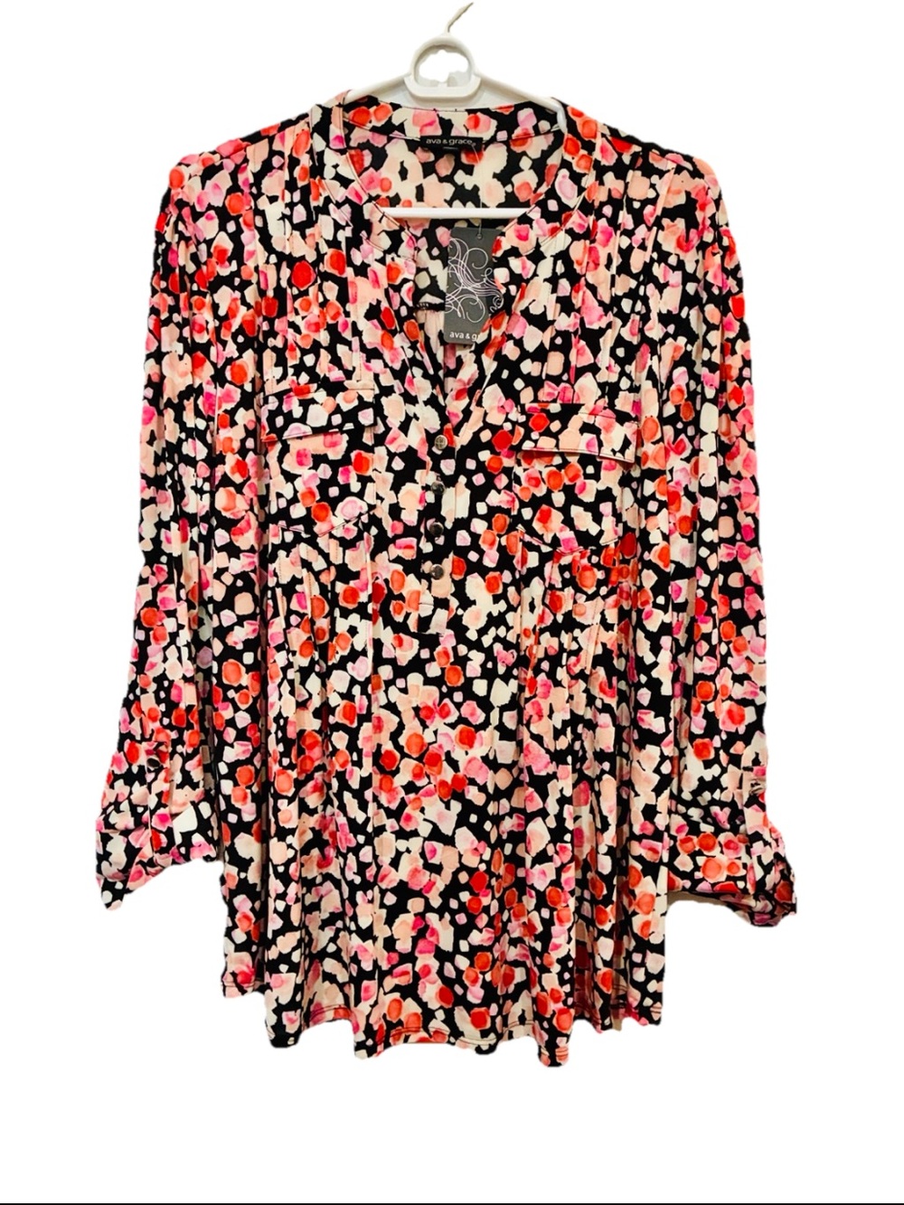 Ava & Grace Black Floral Print Long-Sleeve Blouse - Pink & Red NWT